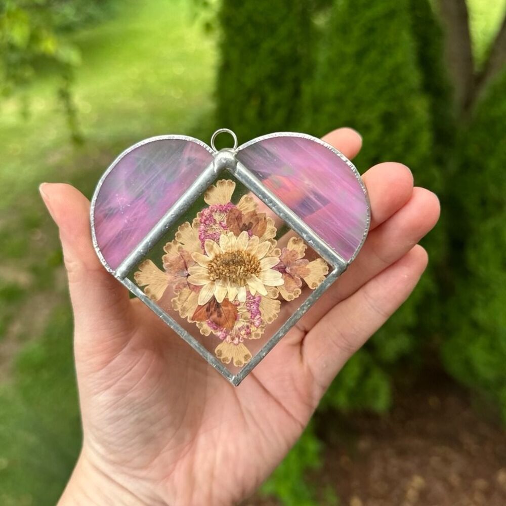 Vintage Handmade Pink Stained Glass Heart Ornament Suncatcher Dried Flower